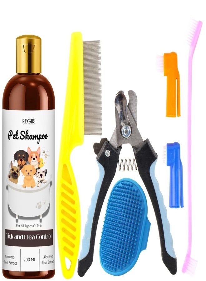 مجموعة ريجيس للعناية بالحيوانات الأليفة مع شامبو لمكافحة القراد والبراغيث، مقص أظافر احترافي، مشط معدني، مجموعة فرشاة للكلاب، 200 مل (عبوة من 5 قطع) - Image 1